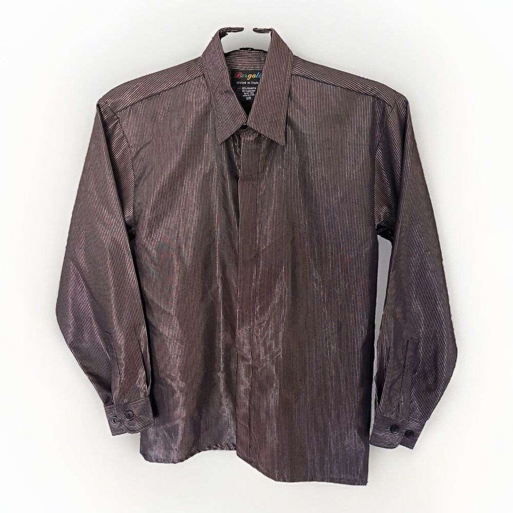 Vtg Bergati Boys 12 bronze/brown metallic long-sleeve dress shirt India Styled